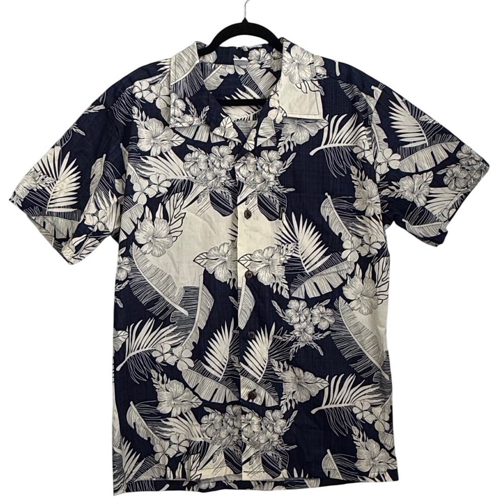 Palmwave Hawaii Mens Large Navy White Floral Hibiscus Cotton Aloha Shirt C90A517
